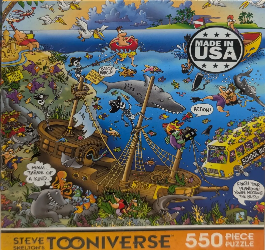 A humorous cartoon scene of a sunken pirate ship underwater filled with skeletons, sharks, and a yellow school bus.