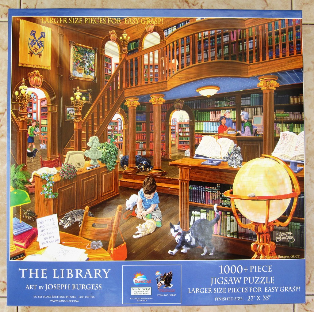 A cozy, multi-level library scene filled with bookshelves, people, and several cats.