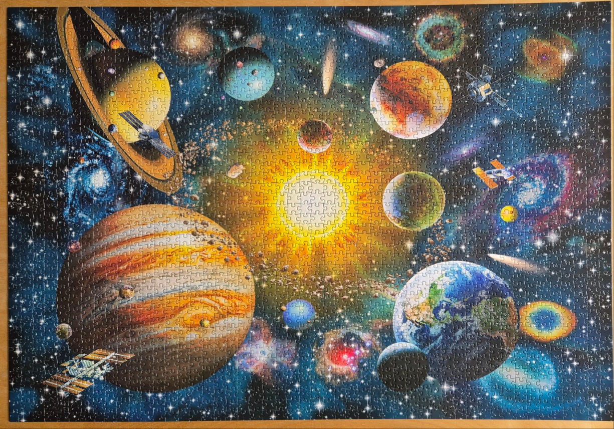 A vibrant digital illustration of a solar system with planets, the sun, satellites, and a dense star field.