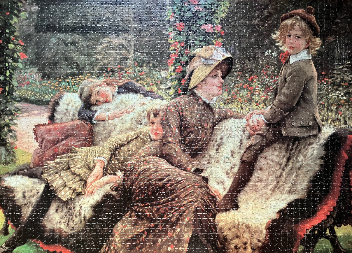 A Victorian-style painting of a mother and three children relaxing on a fur-covered garden bench.