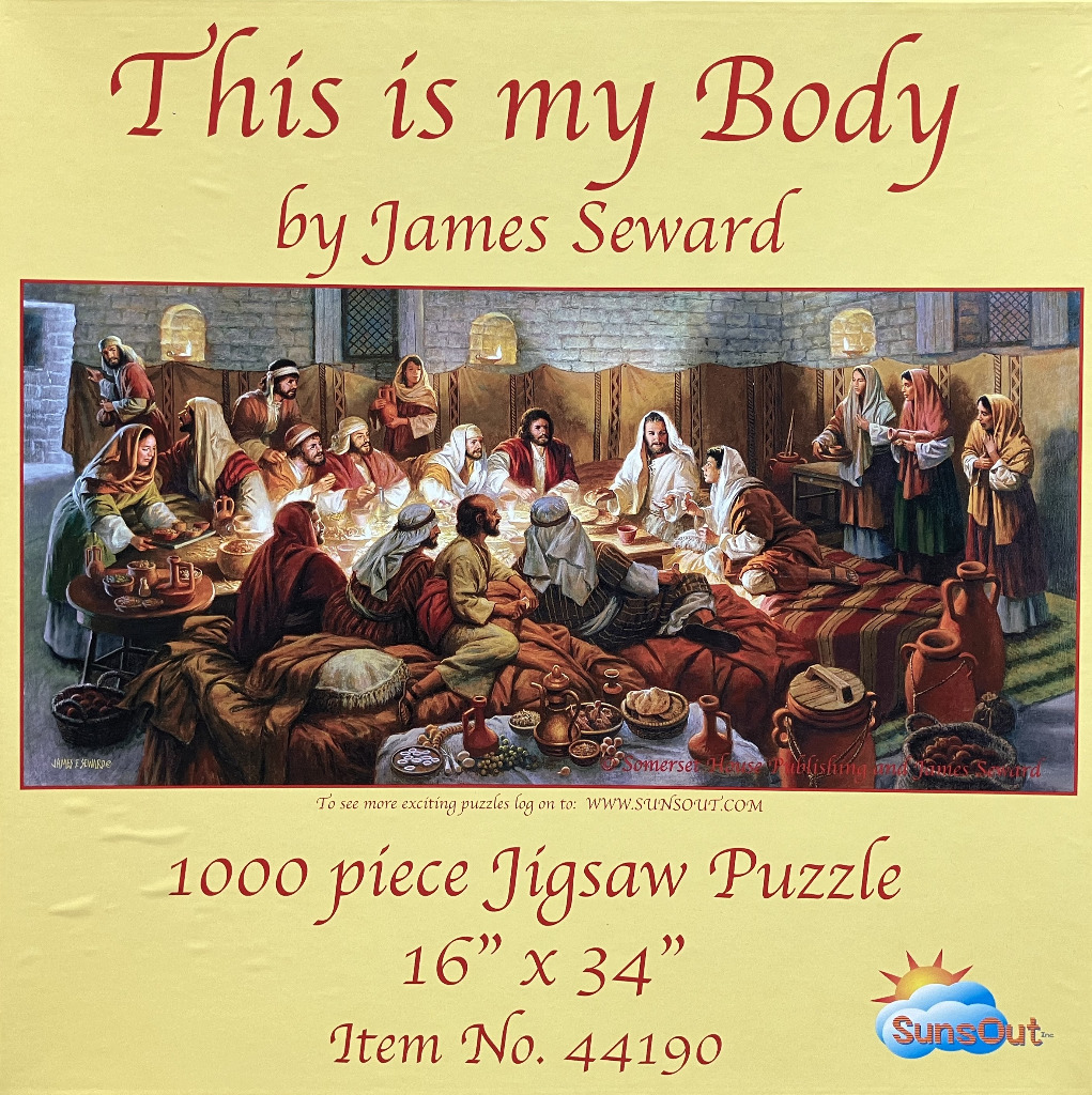An oil painting of the Last Supper featuring Jesus and his disciples in a stone room, titled This is my Body.