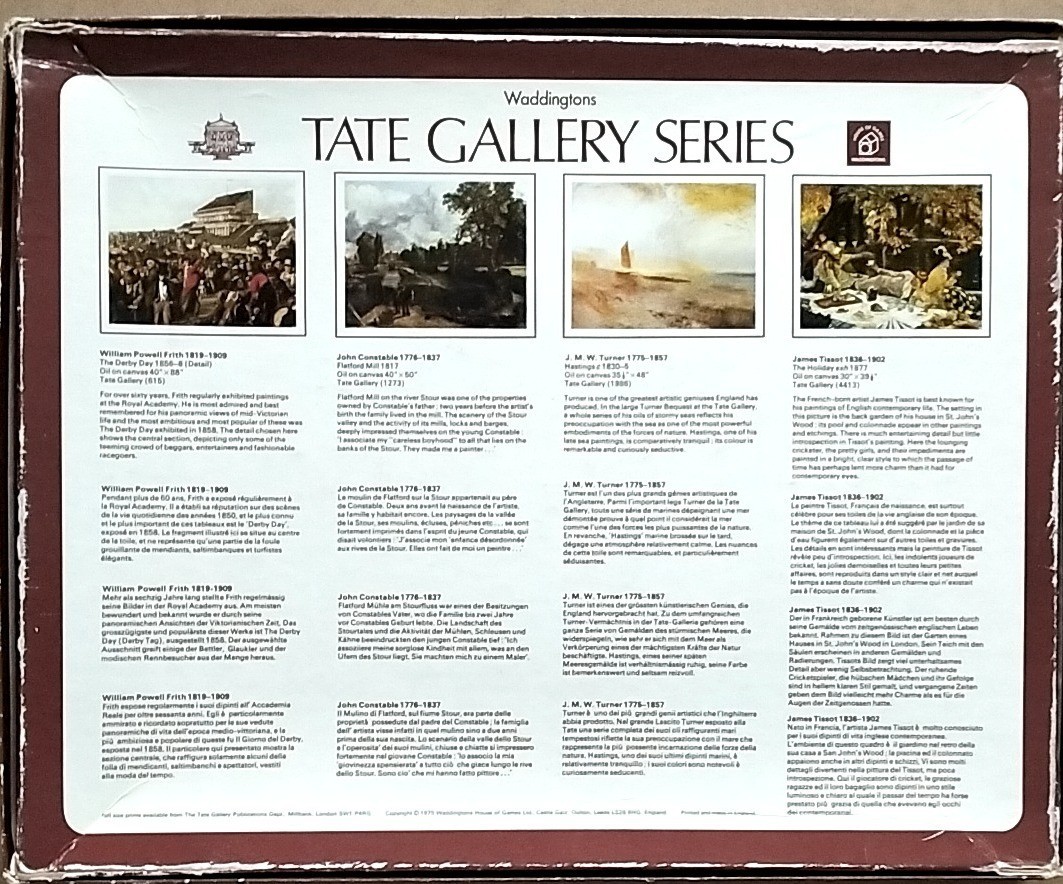 A rectangular display showcasing four classic British oil paintings by Frith, Constable, Turner, and Tissot.