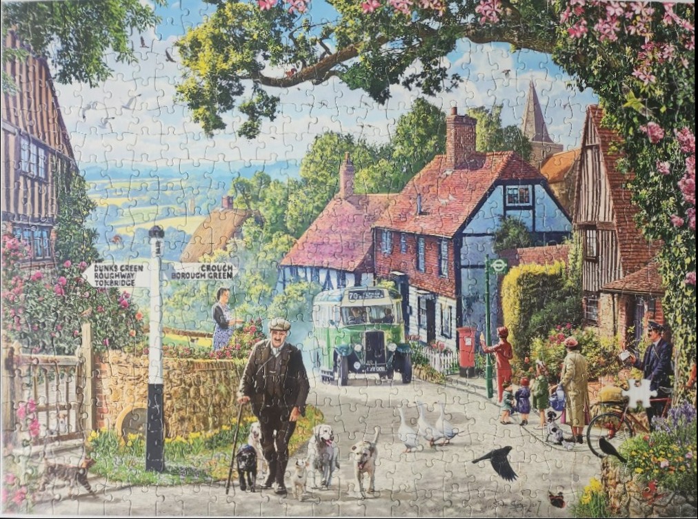 A nostalgic 1950s English village scene with a green bus, a man walking dogs, and traditional half-timbered cottages.
