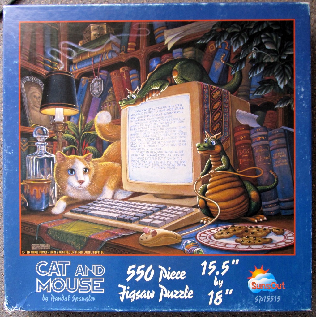 An orange and white cat looking at a computer screen with two small green dragons nearby.