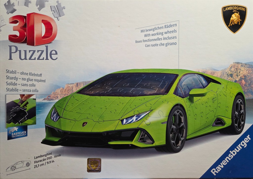 A bright green Lamborghini Huracán EVO sports car, shown as a three-dimensional model against a coastal background.