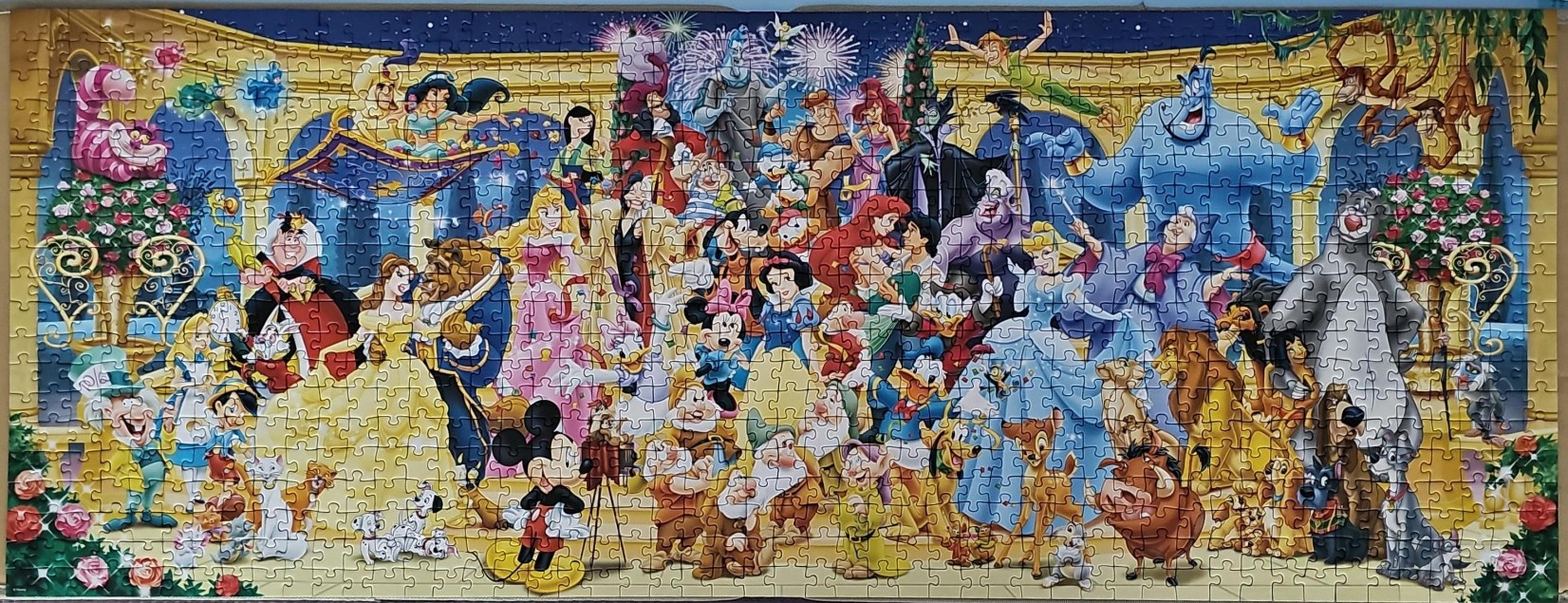 A panoramic illustration of dozens of iconic Disney animated characters gathered in a grand ballroom setting.