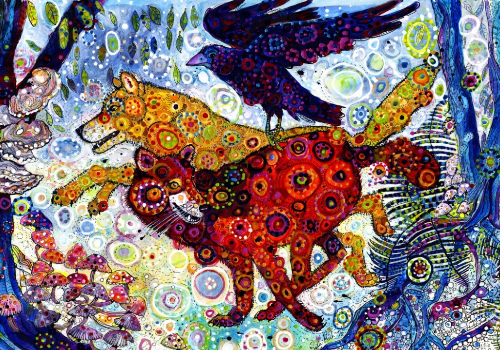 Two wolves and a crow decorated in vibrant, circular patterns running through a surreal, colorful forest.