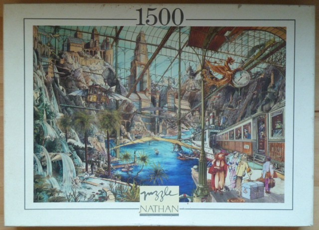 Steampunk fantasy scene inside a large glass conservatory featuring trains, airships, and Victorian-style figures.
