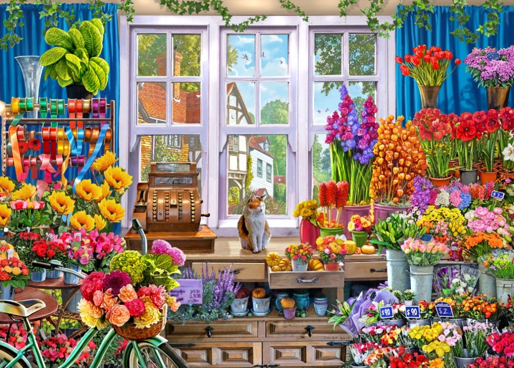A calico cat sitting on a workbench in a flower shop filled with colorful blooms, a vintage cash register, and a bicycle.