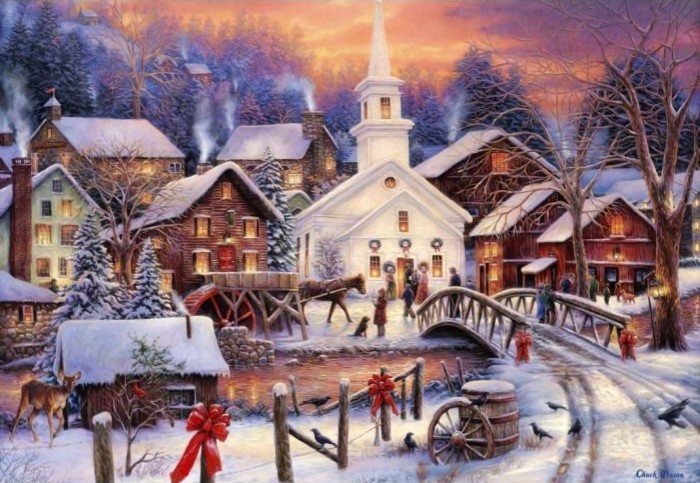 A snow-covered village at sunset with a white church, wooden bridge, and deer in the foreground.