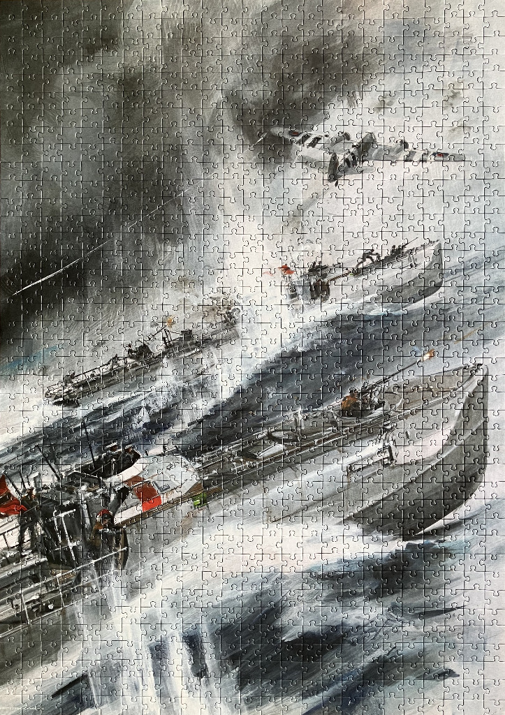 A maritime war scene featuring torpedo boats navigating rough, dark seas under a stormy sky with an aircraft overhead.
