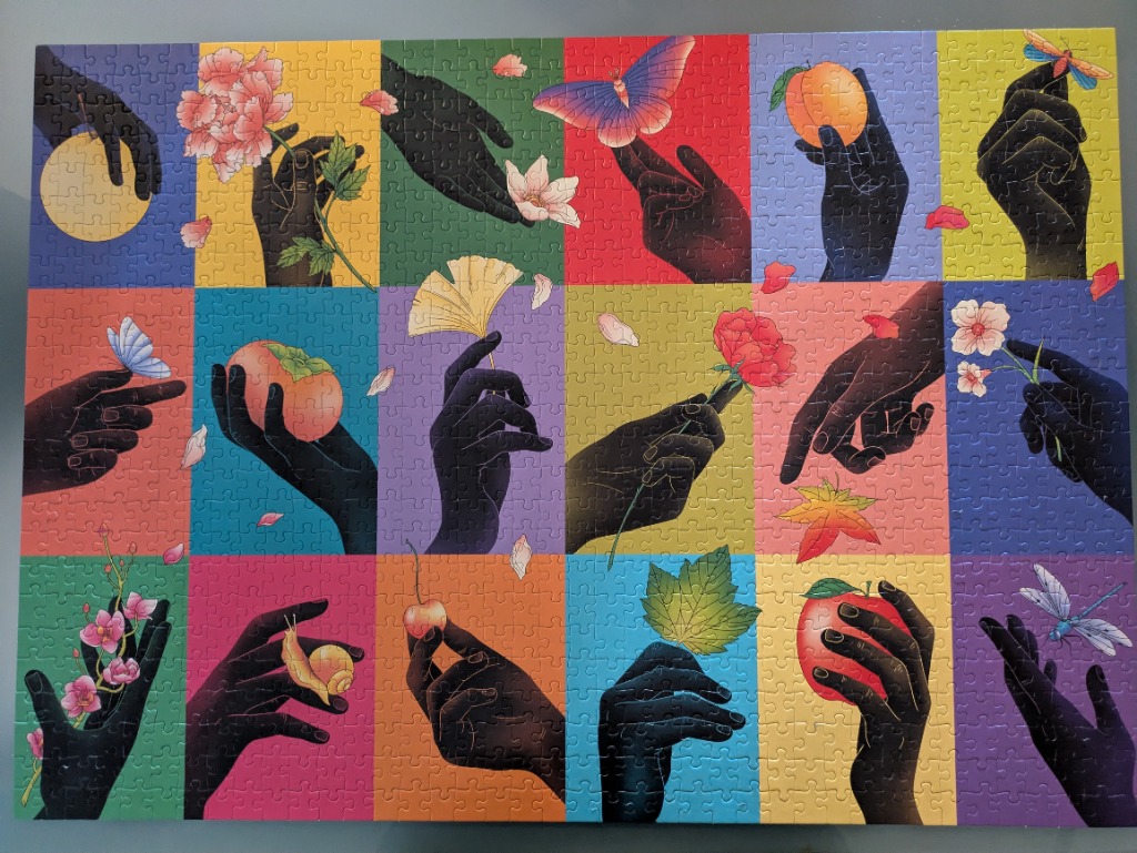 A grid of 18 panels, each featuring a dark silhouette hand interacting with botanical or nature-themed elements.