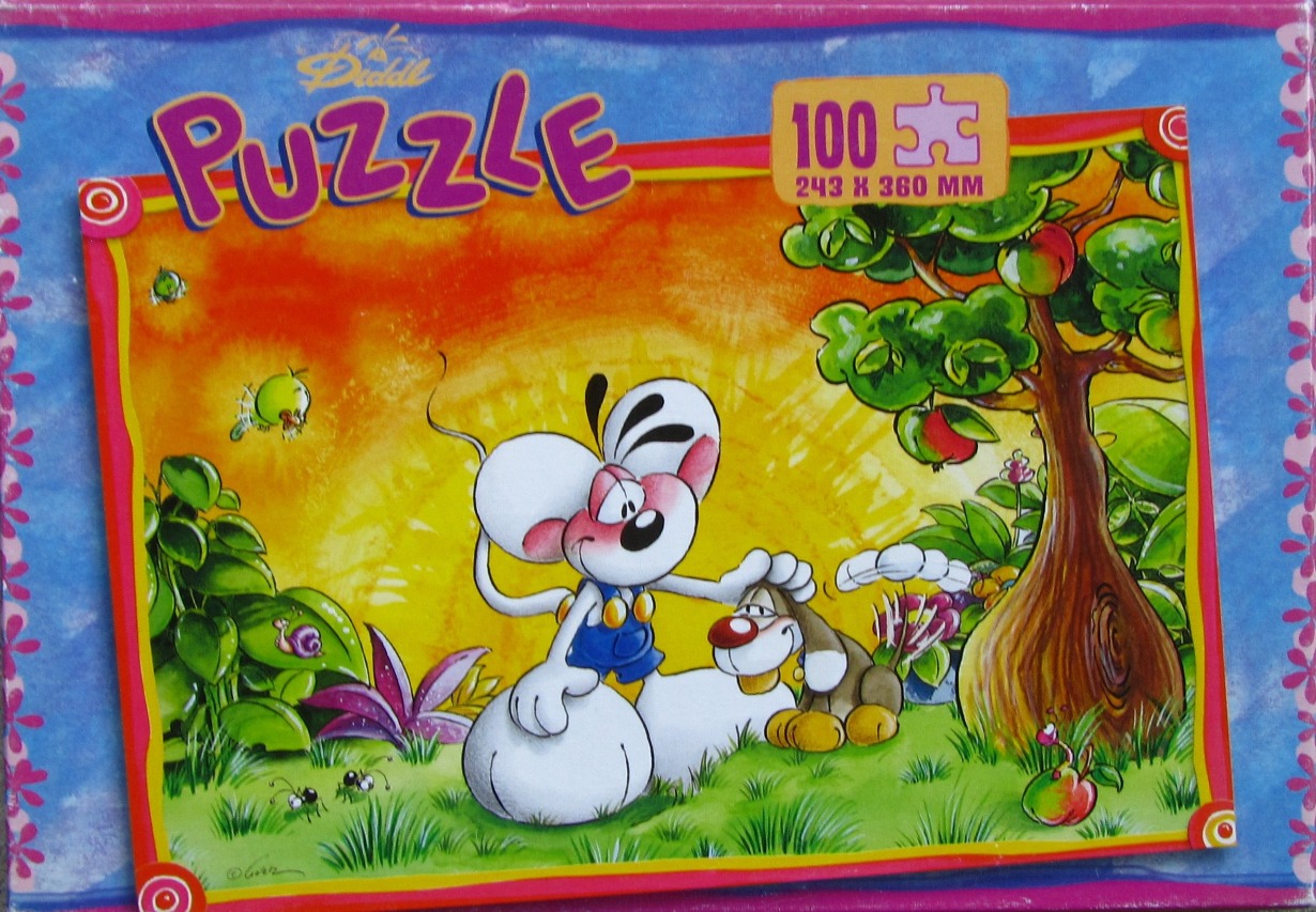 Cartoon illustration of Diddl the mouse petting a small dog in a vibrant, sunlit orchard.