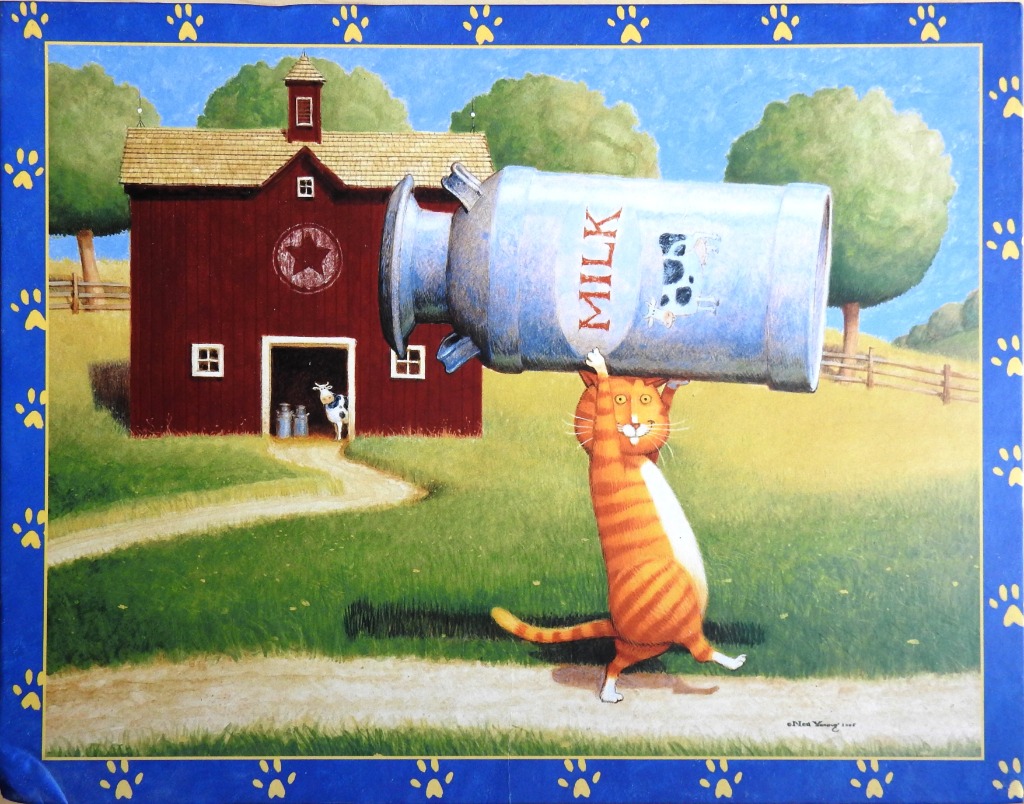 Illustration of an orange tabby cat balancing a giant milk can on its head in front of a red barn.