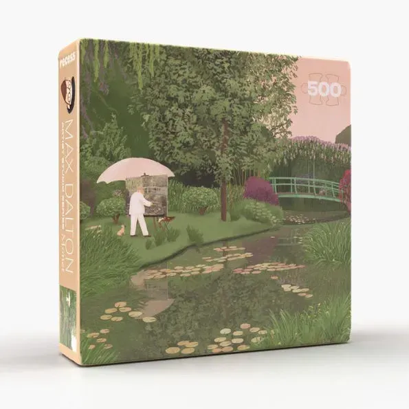 An illustration of Claude Monet painting in his Giverny garden by a lily pond.