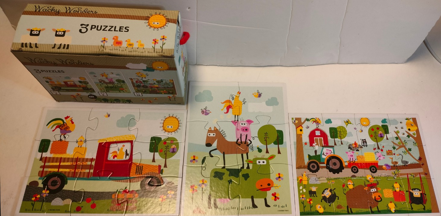 Three colorful cartoon farm scenes featuring animals and vehicles
