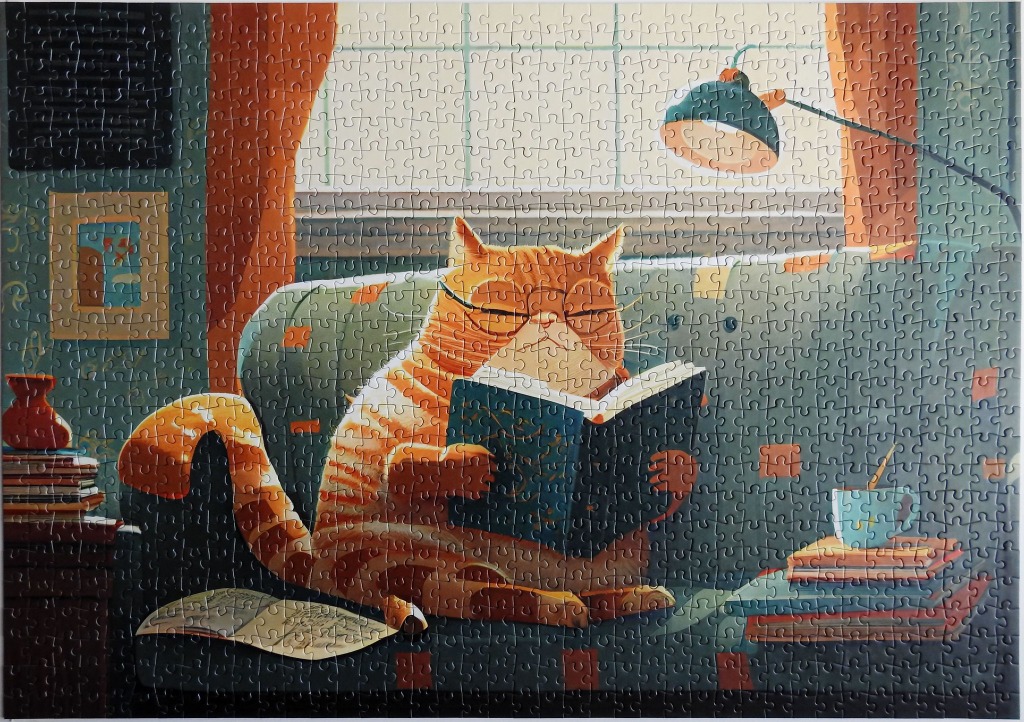 A cozy illustration of a plump orange tabby cat with glasses sitting in an armchair and reading a book.