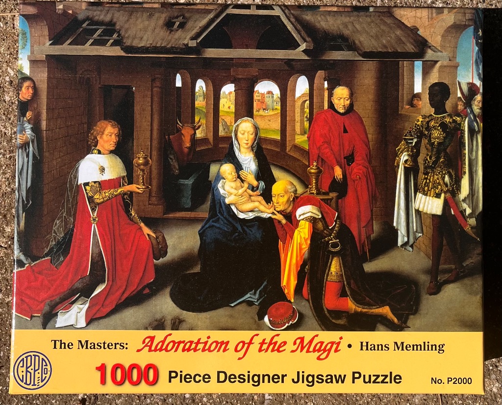Hans Memling's Adoration of the Magi painting featuring the Virgin Mary, infant Jesus, and the Three Kings.