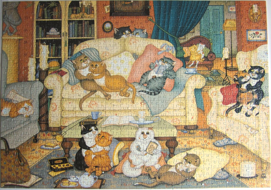 A cozy living room filled with many cats lounging on furniture and the floor, in a detailed illustrative style.