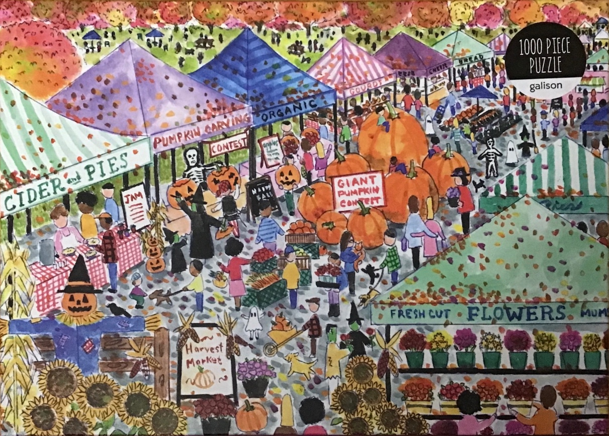 A festive, bustling autumn harvest market scene painted in a vibrant, illustrative watercolor style.