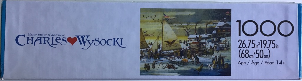 Americana winter scene with ice skaters, sail boats, horse-drawn carriages, and buildings.
