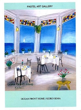 A pastel-style illustration showing two dining tables in a sunroom overlooking the ocean.