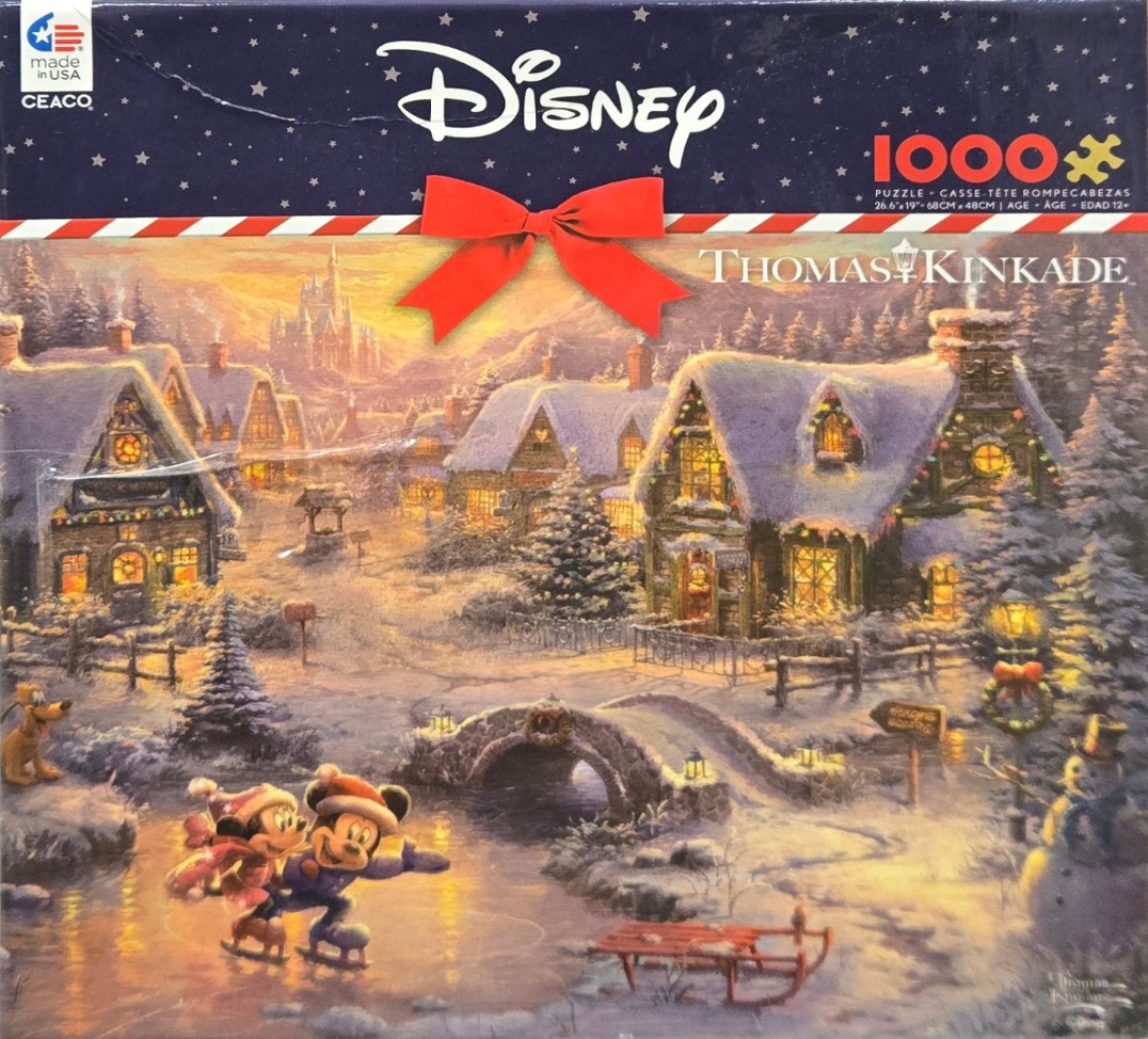 Mickey and Minnie Mouse ice skating in a snowy, illuminated winter village at twilight.