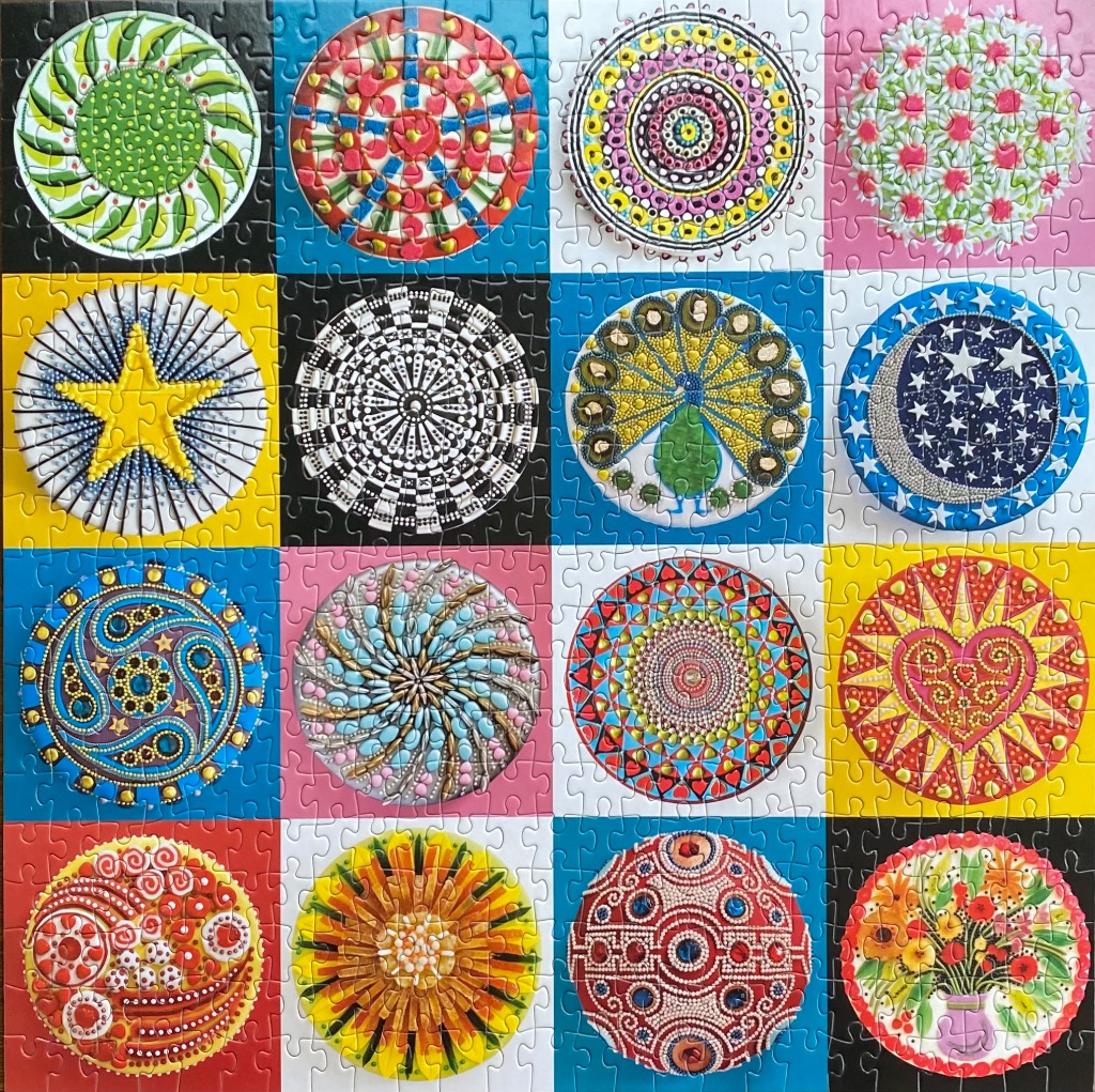 A grid of sixteen circular mandala-style dot art designs in various colours set against a multi-coloured background.