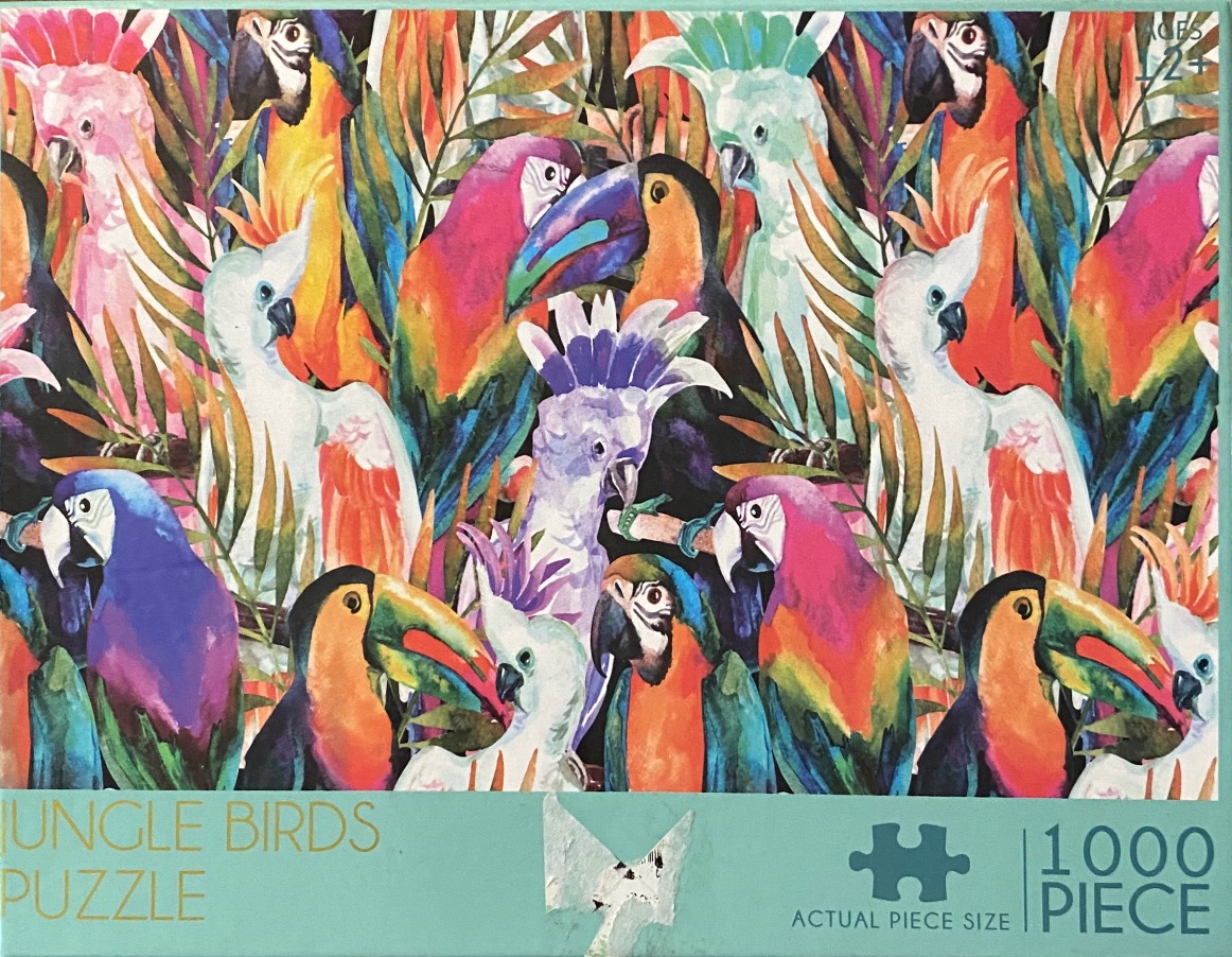 A dense watercolor pattern of various tropical birds like toucans and parrots surrounded by lush jungle foliage.