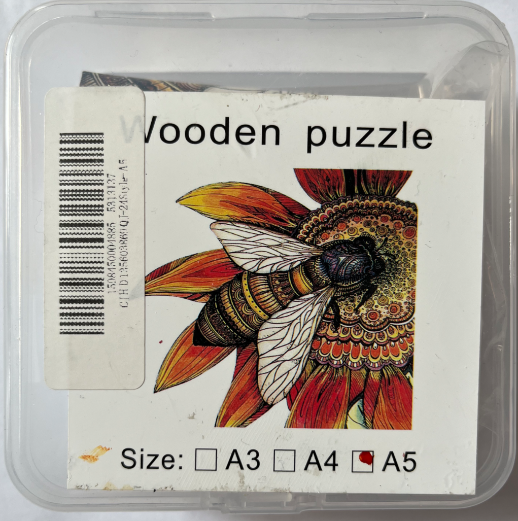 An intricate illustration of a bee resting on a stylized sunflower with vibrant orange, red, and yellow petals.