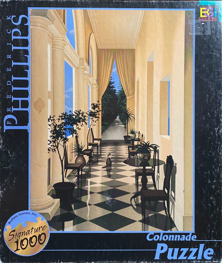 A painting of a sunlit colonnade with a checkered floor, potted plants, and a small cat sitting in the center.