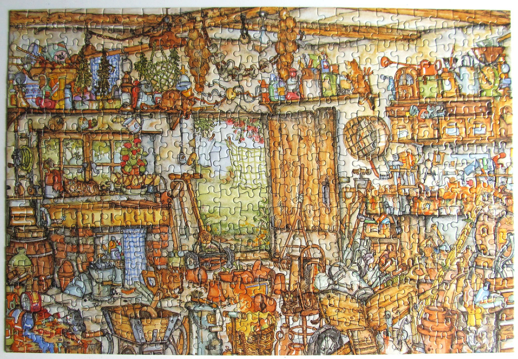 An illustration of a cluttered, cozy garden shed filled with tools, plants, and sleeping cats.