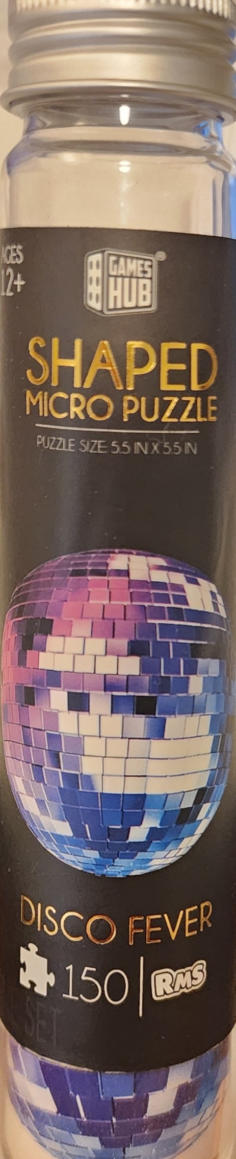 A close-up of a circular disco ball graphic against a dark background.