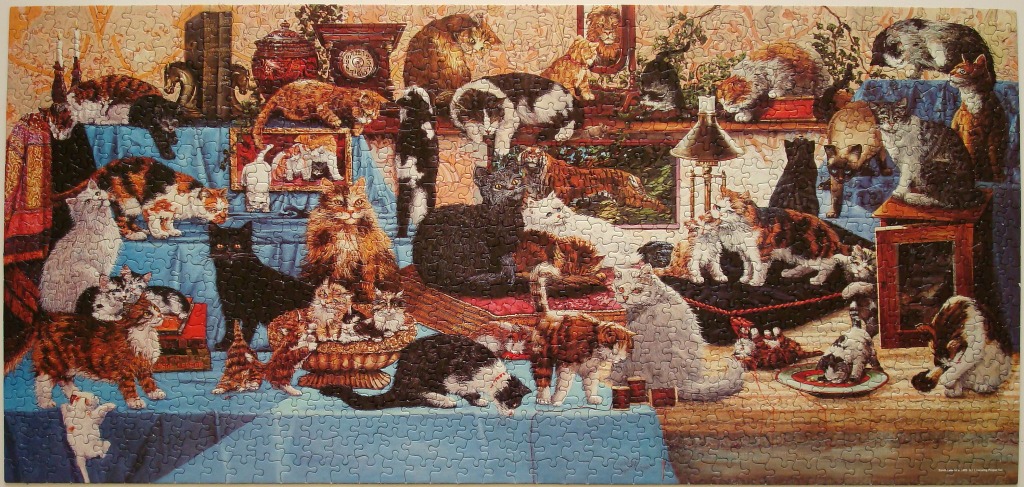 A whimsical illustration of dozens of cats in various colors and breeds interacting within a cluttered, cozy study.