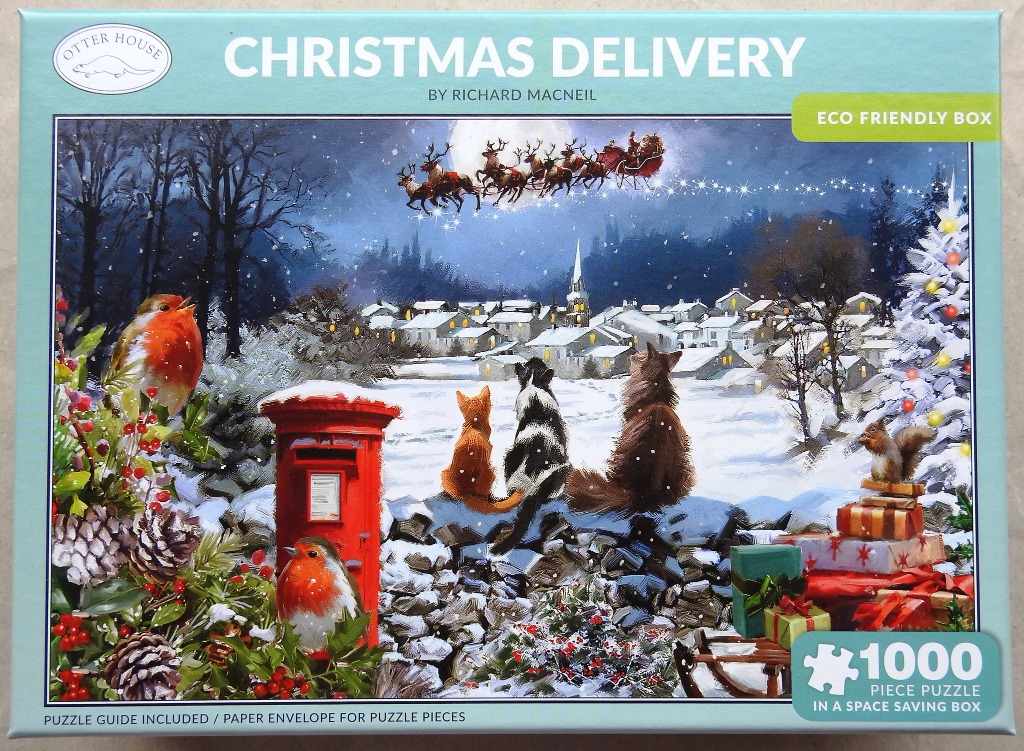 Painting of three cats watching Santa’s sleigh fly over a snowy village with robins and presents.