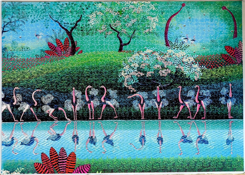 A vibrant painting of a line of ostriches walking along a turquoise stream in a lush, stylized jungle setting.