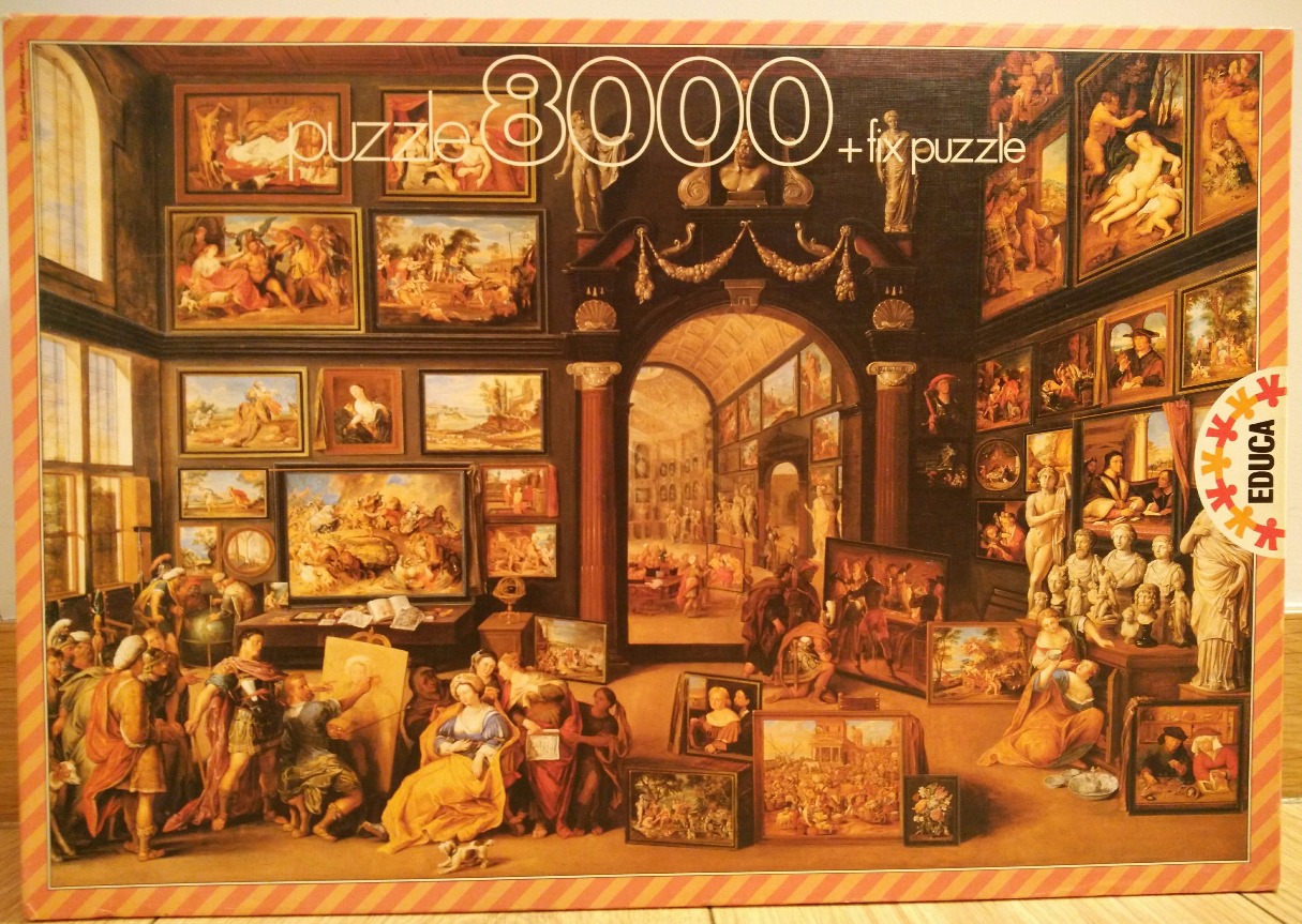 A detailed classical painting depicting the interior of an 18th-century art gallery filled with paintings and sculptures.