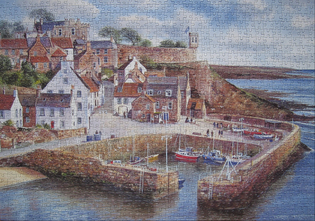 A painting of a coastal Scottish harbor with white stone buildings and fishing boats.