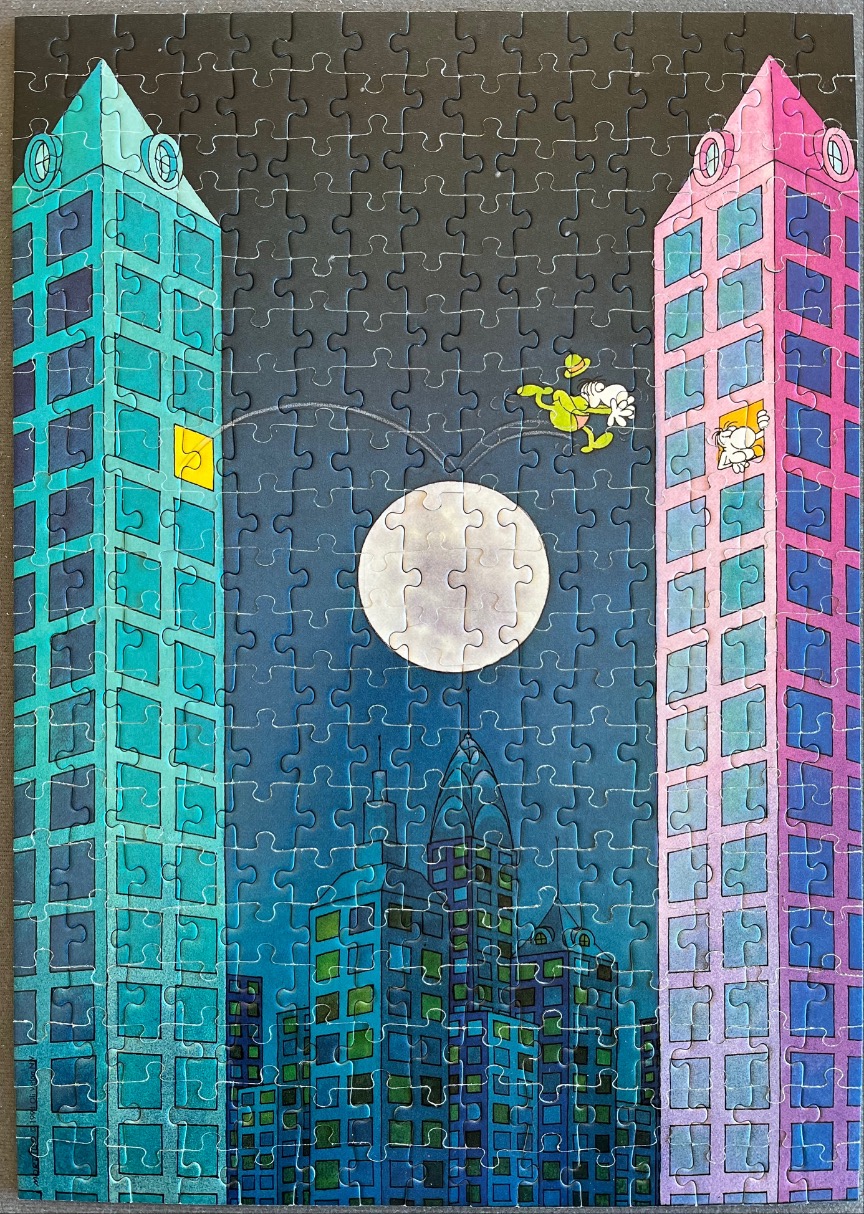 Cartoon illustration of two tall skyscrapers with a figure leaping between them under a full moon.