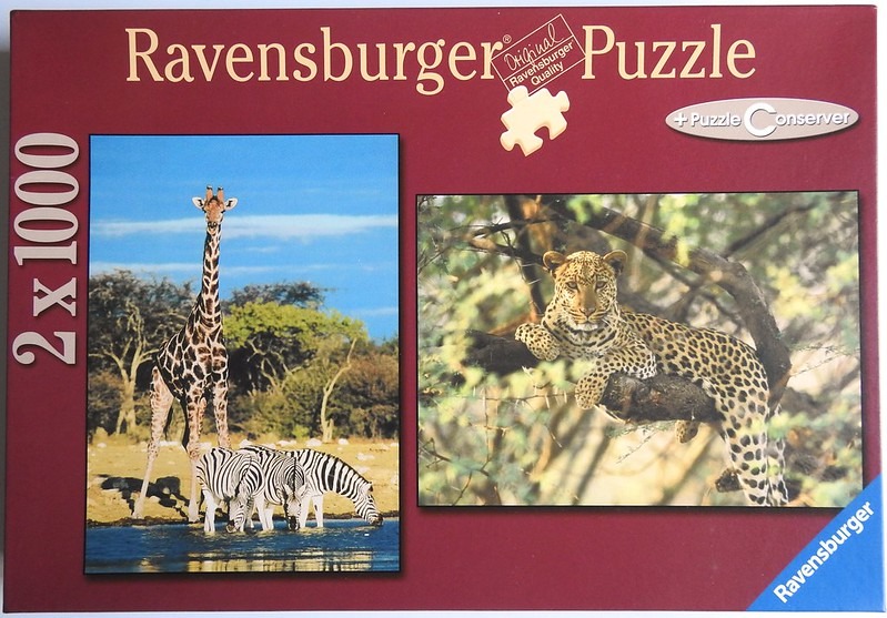 Two photographic scenes of African wildlife: a giraffe and zebras by a watering hole, and a leopard resting in a tree.