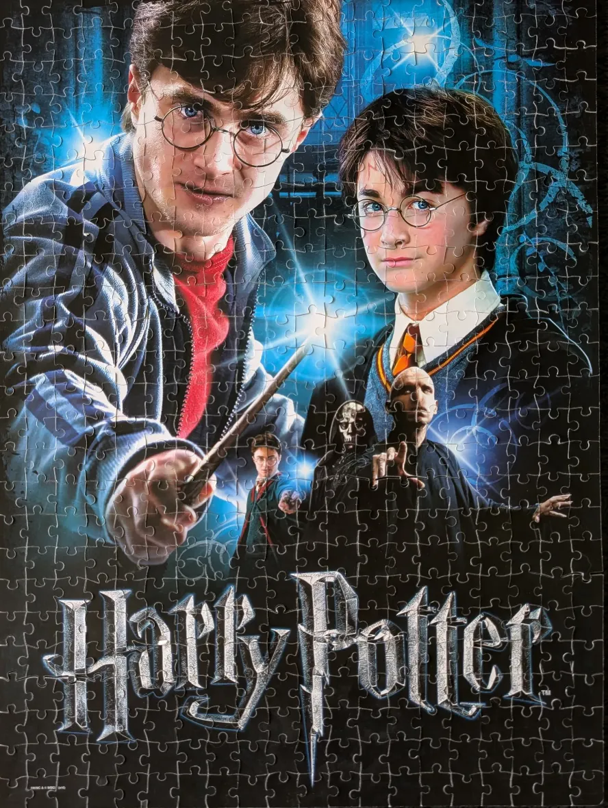 A movie poster-style image featuring two versions of Harry Potter, Lord Voldemort, and the Harry Potter logo.