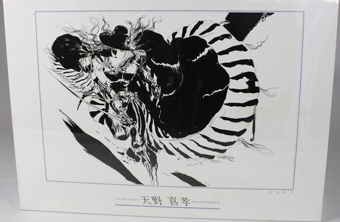 A high-contrast black and white illustration of a stylized warrior figure with flowing hair and a large cape.