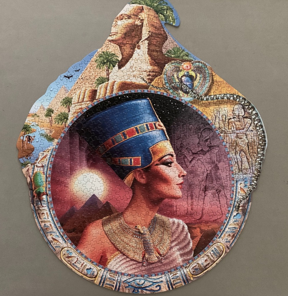 Artistic illustration of Nefertiti with the Great Sphinx and pyramids in the background.