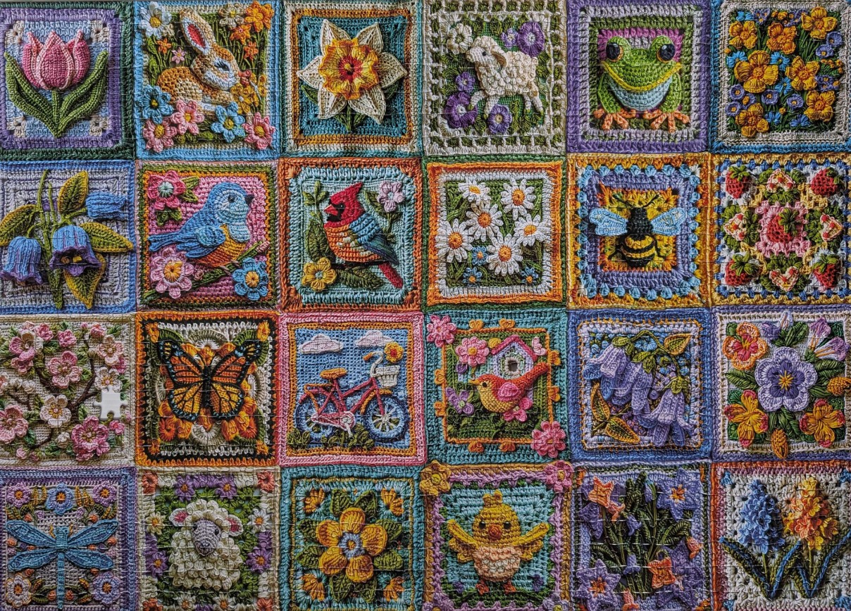 A quilt-style grid of twenty-four detailed crochet squares featuring springtime animals, flowers, and objects.