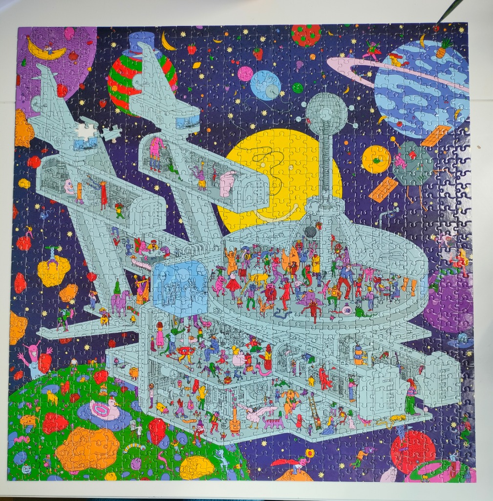 A detailed, colorful illustration of a multi-level spaceship filled with aliens in deep space.