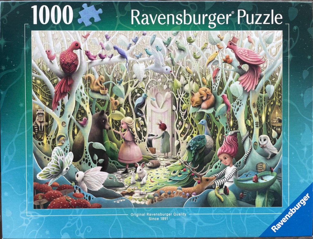 A whimsical illustration of a fairy-tale forest populated by children, animals, and magical birds.