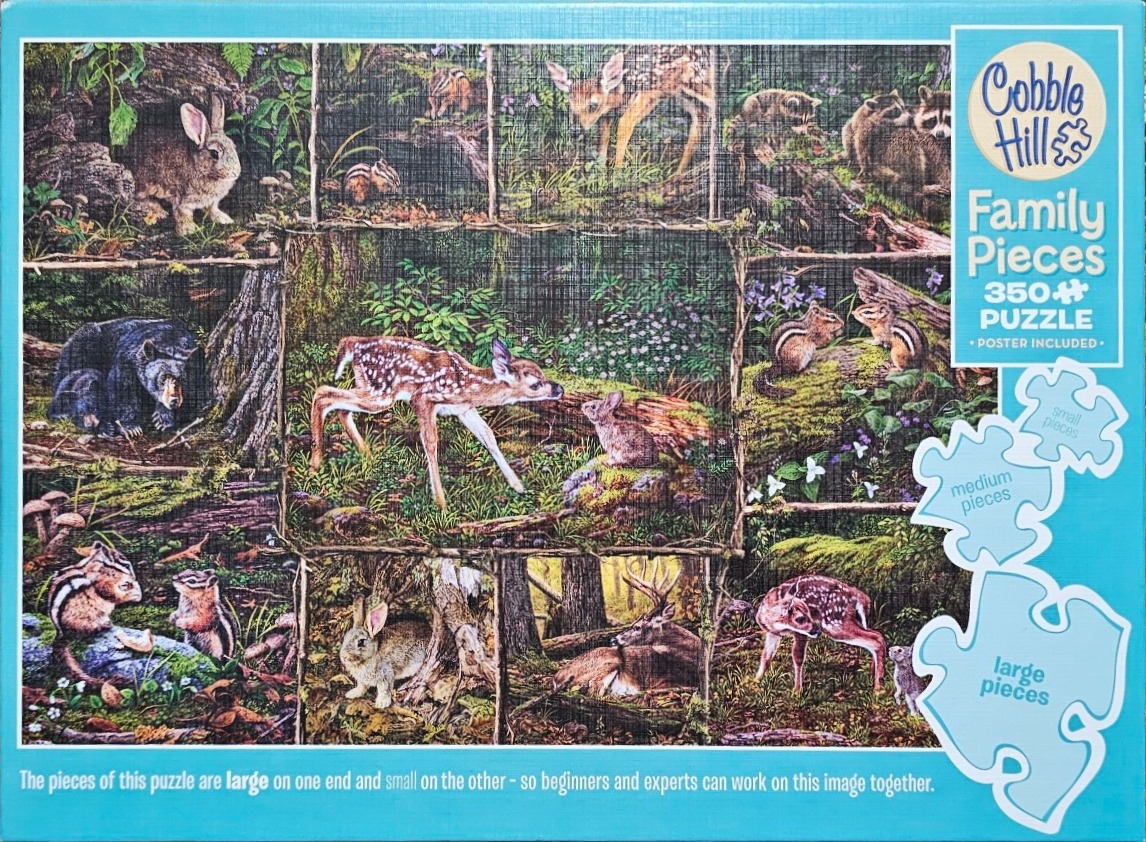 A montage of various woodland animals in a forest setting arranged in a grid-like composition.