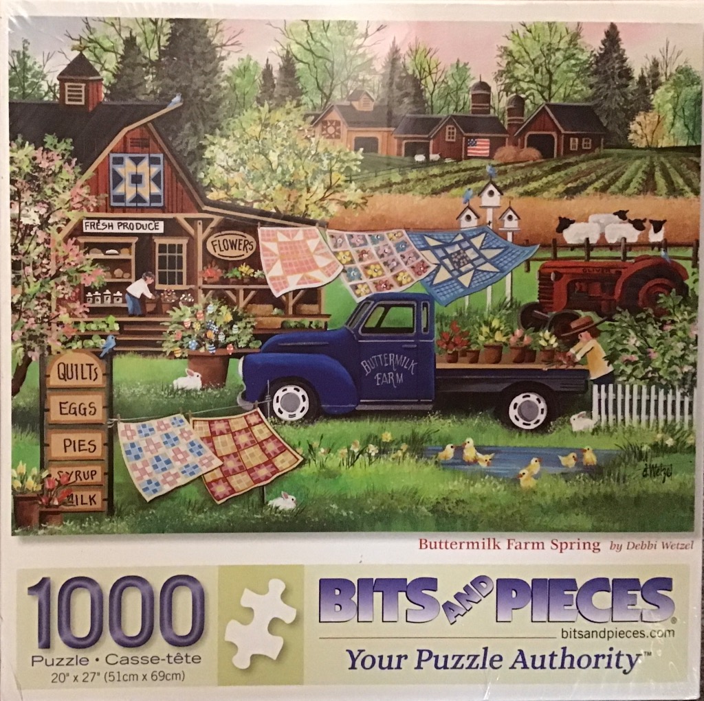 A countryside farm scene featuring a vintage blue truck, colorful quilts hanging on a line, and various farm animals.