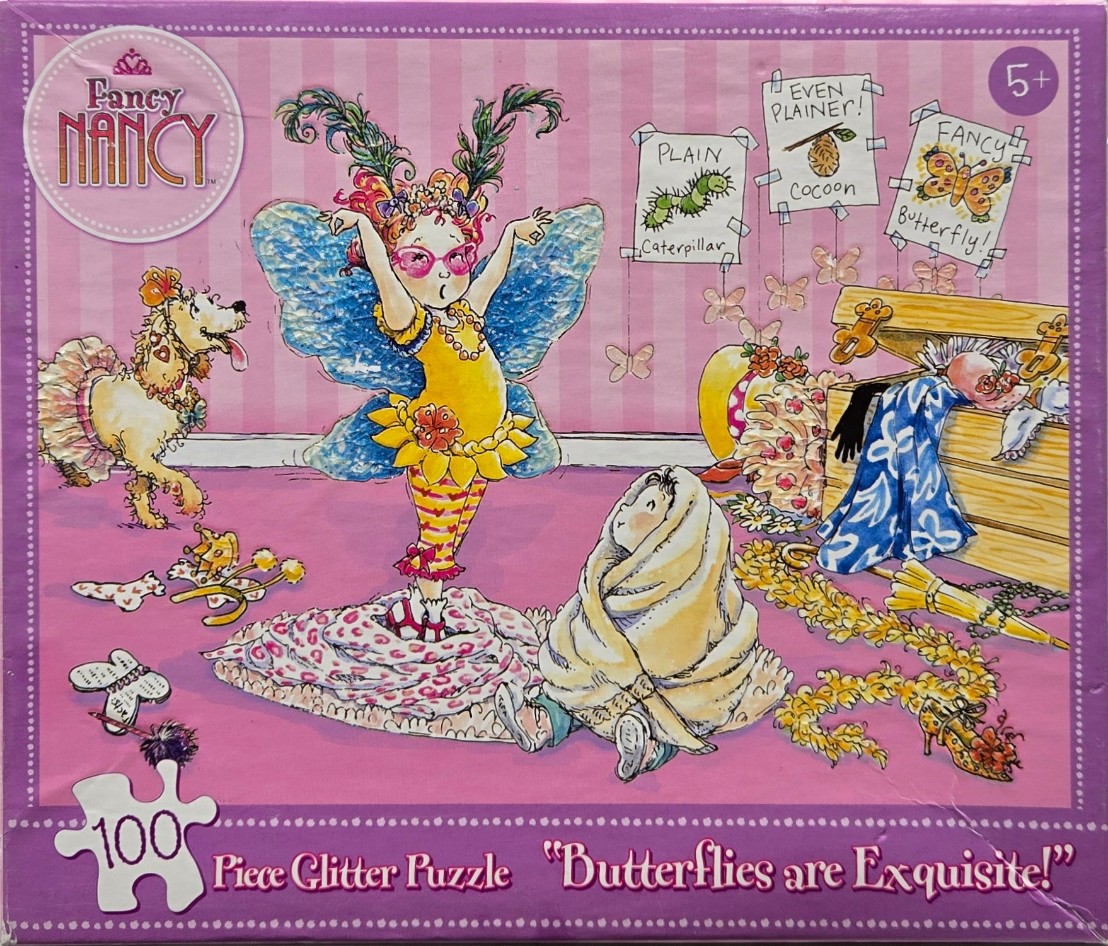 A cartoon illustration of a young girl dressed as a butterfly with her pet dog and a younger child in a room.