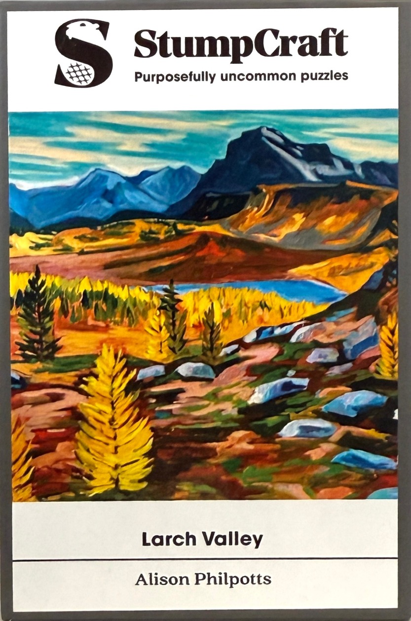 An expressionist painting of Larch Valley with bright yellow larches, a blue lake, and dark mountain peaks.